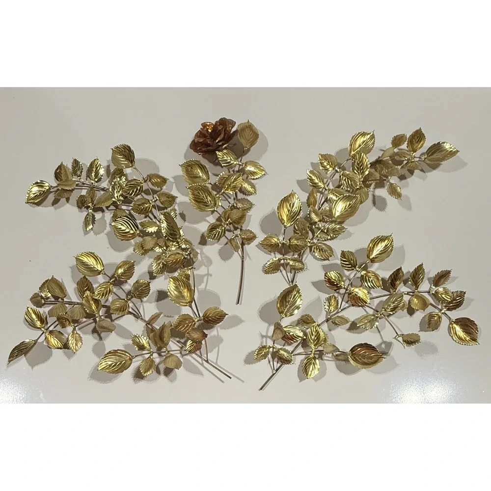 Vintage MCM Gold Metal Leaf Branch Rose Wall Art Set 5pc Hollywood Regency Brass